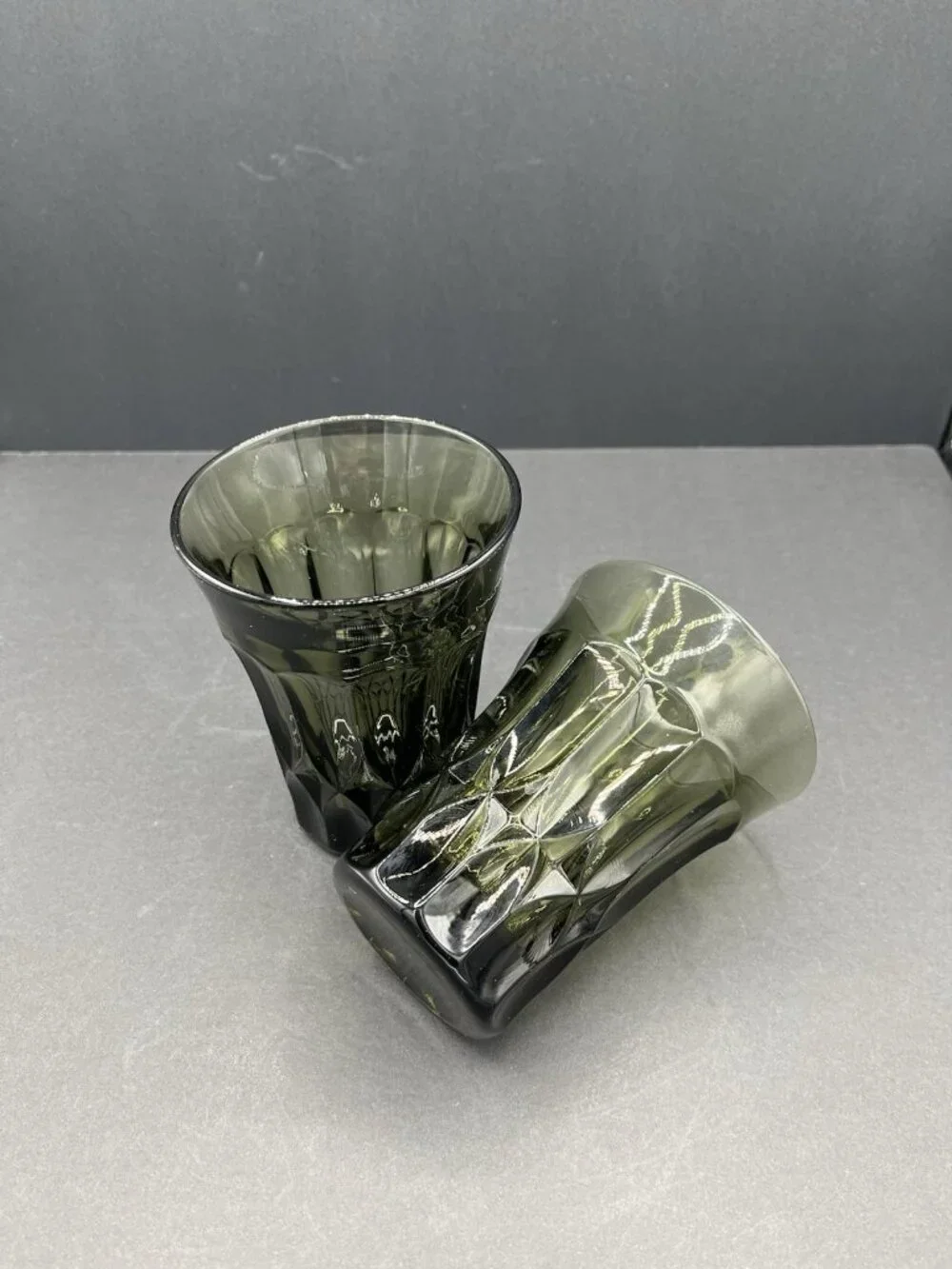 Vintage Noritake Perspective Smoky Olive Green Glass Tumblers Set of 2